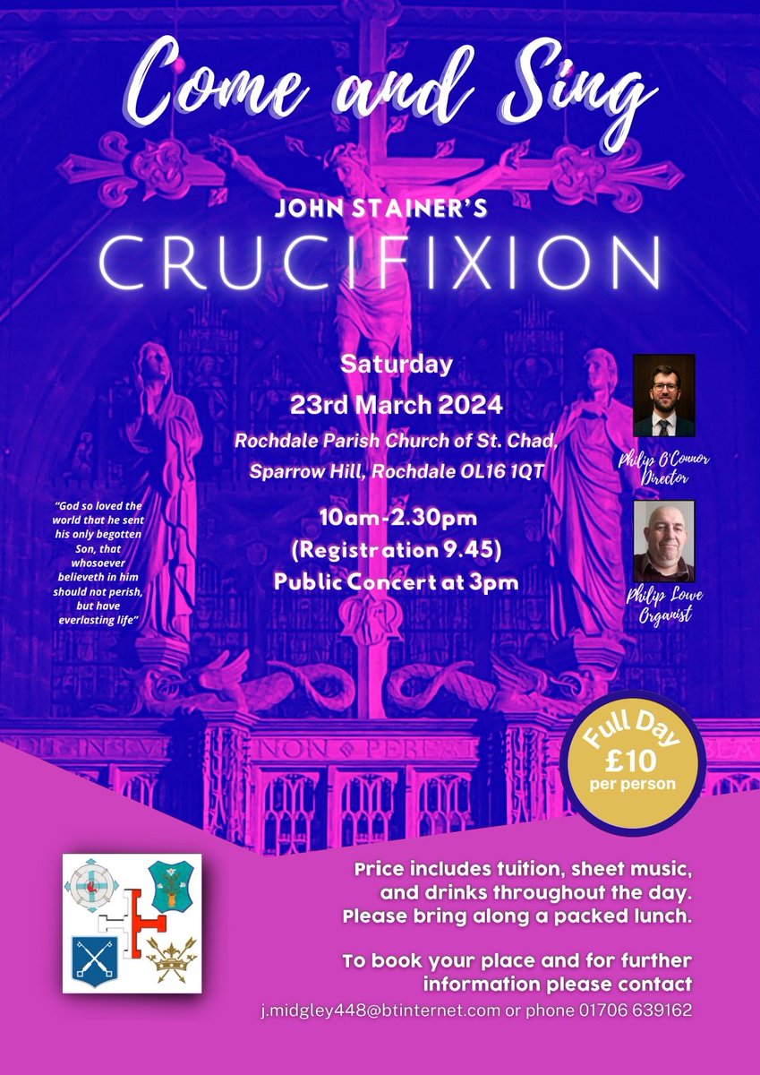 Come and Sing Stainer's Crucifixion with us on 23rd March or listen to the public concert at 3pm. Details of how to book are on the poster. @DioManchester @BishMiddleton @RochdaleCouncil @RochdaleOnline @stmaryinthebaum @YourTrustRdale @RochdaleTown @RochdaleMusic @ORTOA3