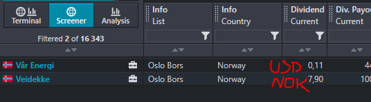 tirrazo's tweet photo. @Henrik_Borsdata @40procent20ar Hur kan man välja på detta i terminalen? Tex två norska bolag på Oslo Börs, två olika valuta. https://t.co/JFtDZ96okM