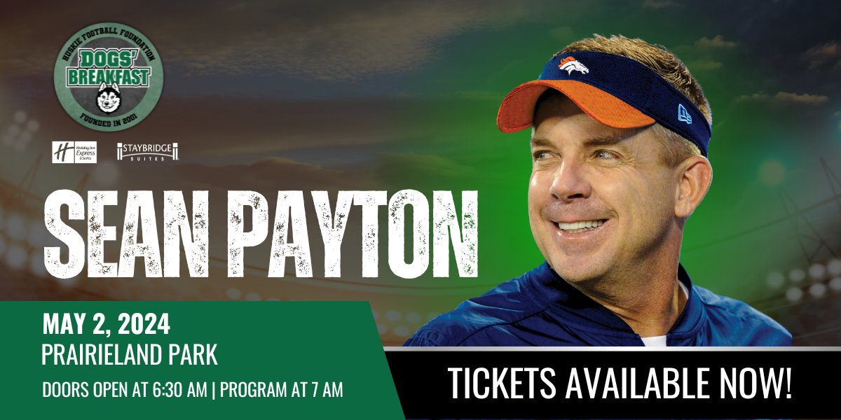 dogsbrkfastyxe's tweet photo. We are EXCITED to announce our special guest, none other than SEAN PAYTON, the illustrious Coach of the Denver Broncos and Super Bowl Champion XLIV (Saints)! Mark your calendars for May 2nd as Sean takes center stage at @PrairielandPark. Tickets at https://t.co/n488LL6Spb https://t.co/3na6LlDIFS