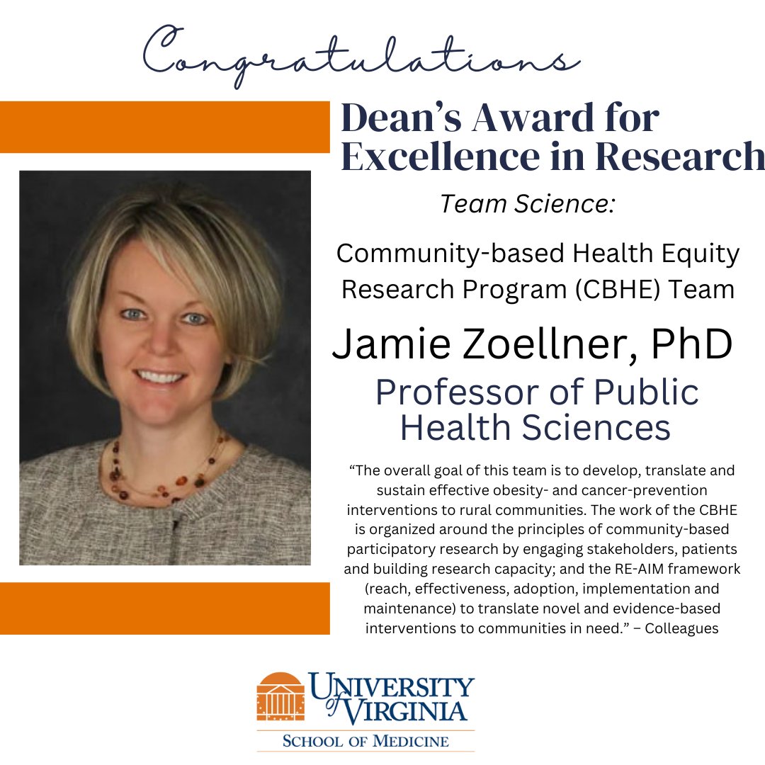 Congratulations to Dr. Jamie Zoellner, a team member of the Community-based Health Equity Research Program. Dr. Zoellner received the 2023 Team Science, Dean's Award for Excellence in Research.