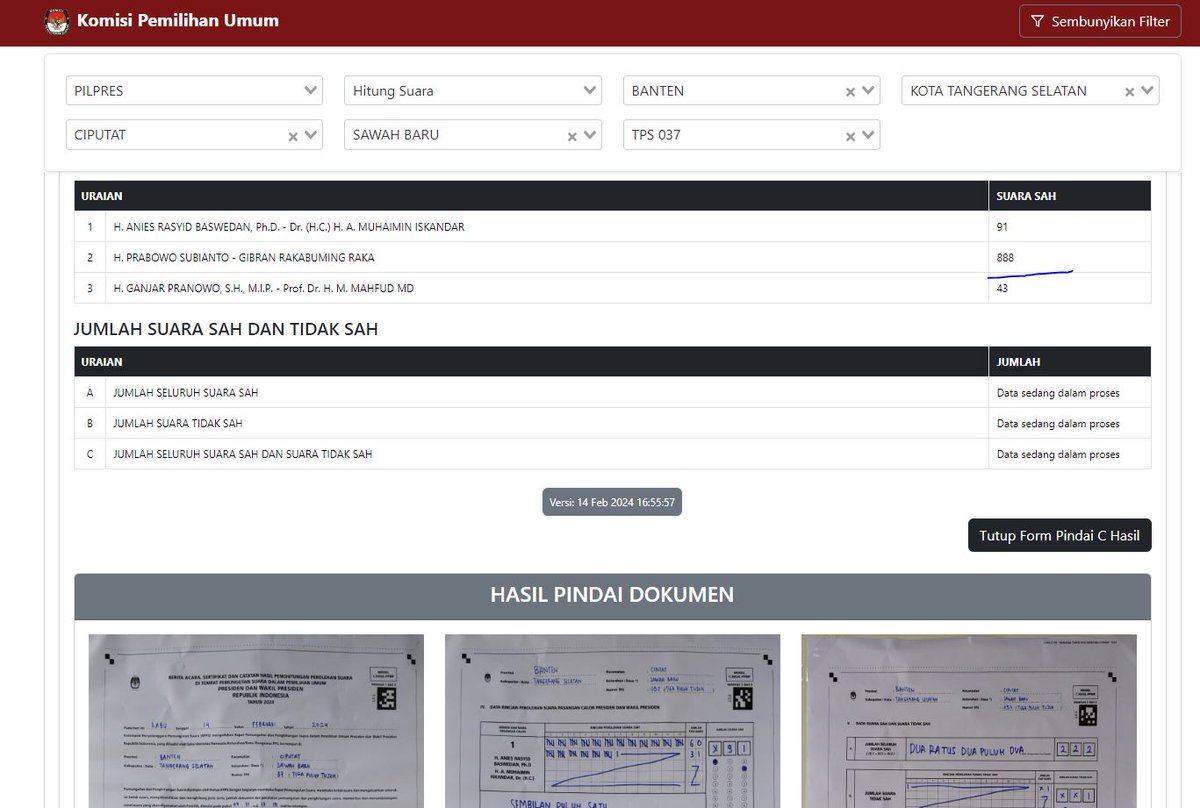 @okkymadasari Ini Juga mba, di salah satu TPS deket ibukota, di Tangsel No 2, dari 88 jadi 888 pemilu2024.kpu.go.id/pilpres/hitung…
