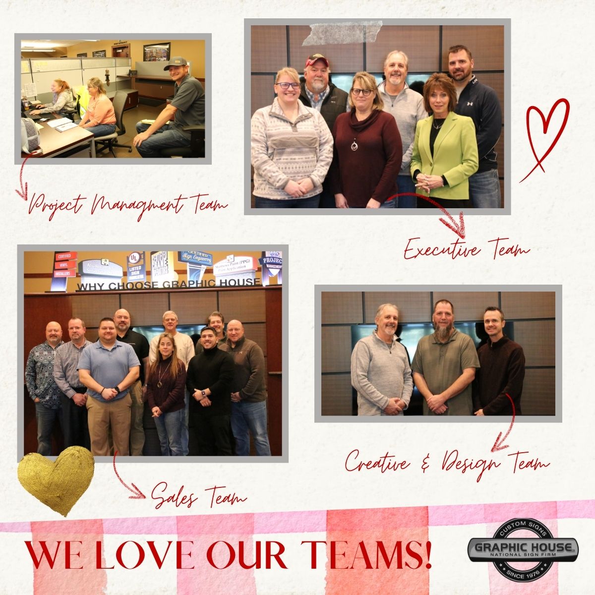 GraphicHouseGHI's tweet photo. This Valentine's Day, we're spreading love to the heart of our organization: From our talented shop team and dedicated installation crew to our committed commercial and vinyl teams, along with our invaluable office personnel 🌟 THANK YOU for all you do, today and every day. 💌 https://t.co/gl5bmyTk57