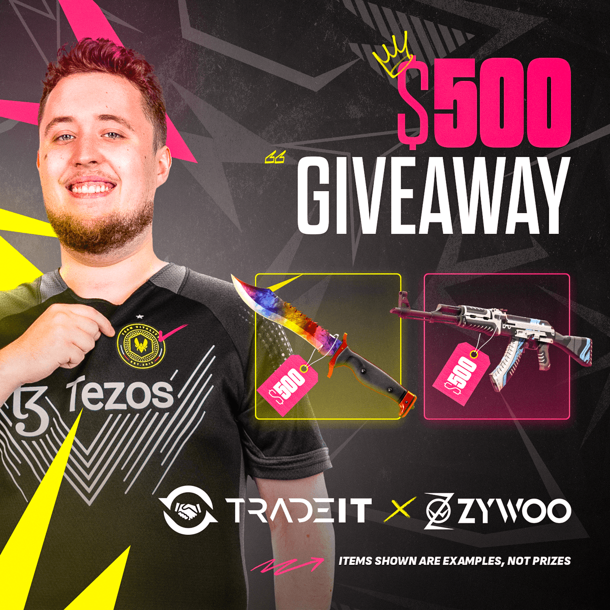 Valentine's giveaway! Together with Tradeit we're giving you the chance to win $500 🎁 To enter, it's easy: - Follow @tradeit_gg & @zywoo - Like, RT and tag a friend Ends in 10 days, good luck! (commercial collaboration)