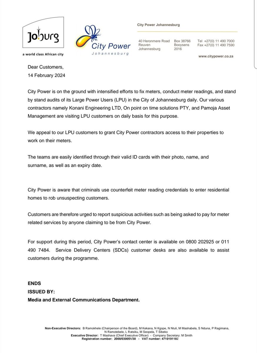 CityPowerJhb's tweet photo. #CityPowerUpdates
#SmartMeterProject
City Power is on the ground with intensified efforts to fix meters, conduct meter readings, and stand by stand audits of its Large Power Users (LPU) in the City of Johannesburg daily.
Our various contractors namely Konani Engineering LTD, On point on time Solutions PTY, and Pamoja Asset Management are visiting LPU customers on daily basis for this purpose.^KM