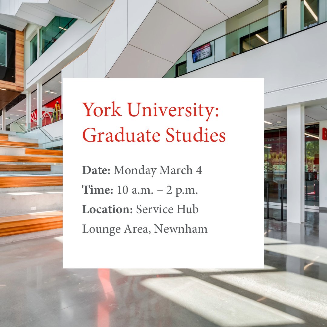 York Graduate Studies is coming to Newnham 👩‍🎓

If you are considering graduate studies, come out and speak to York! 
 
Date: Monday March 4, 2024
Time: 10 a.m. to 2 p.m.
Location: Service Hub Lounge Area, Newnham

We hope to see you there! 👋