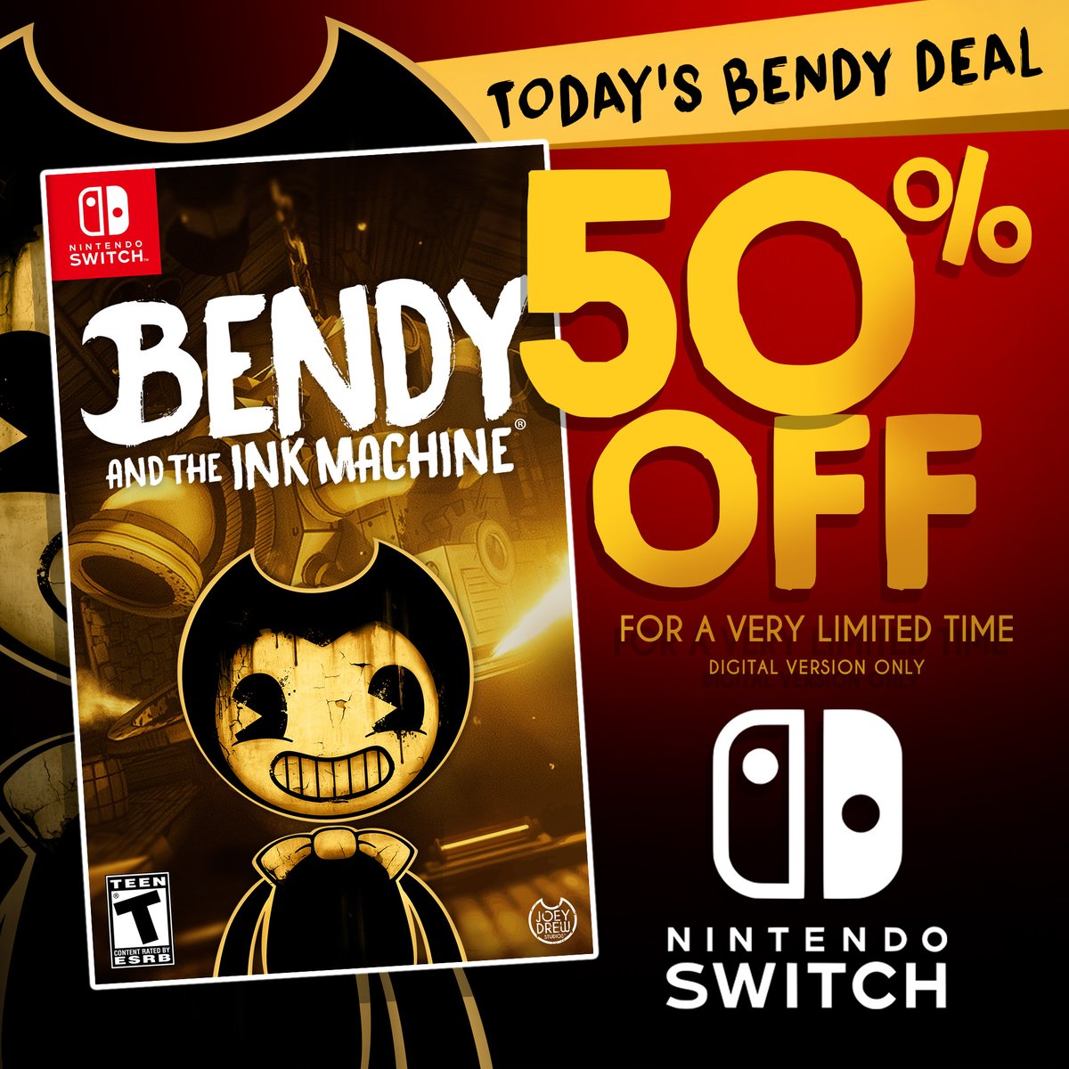 🟡 Today’s Bendy Deal 🟡 New Lower Price + 50% Off #BATIM on Nintendo Switch! 🎮 bit.ly/BATIMSwitch #BENDY