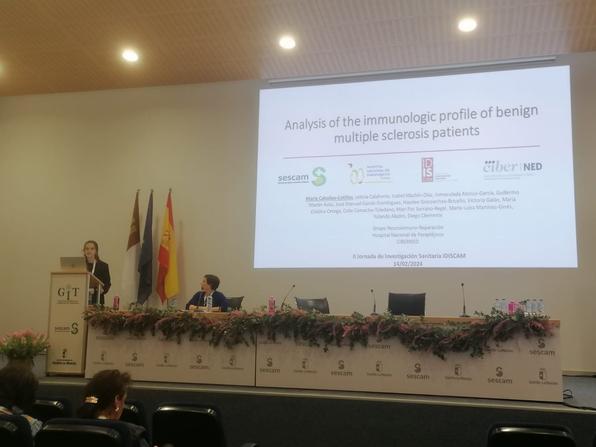 DrDiegoClemente's tweet photo. Nuestras compañera @mcaban08  ha expuesto hoy brillantemente en Jornada @idiscam sus datos sobre el perfil inmunitario de pacientes de #EM benigna, y la influencia del sexo/edad en sus perfiles de MDSCs y células T. Colaboración con CHU de Toledo, H. Getafe y H Gregorio Marañón. https://t.co/NzXQhfsO8T