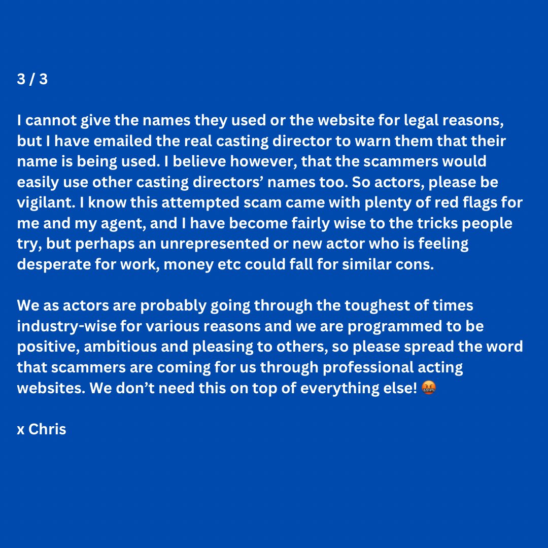 🚨 Actors be vigilant 🚨 

I want to get this out there to let everyone know that scammers are now targeting actors through professional sites. #actor #actors #scam #scammer