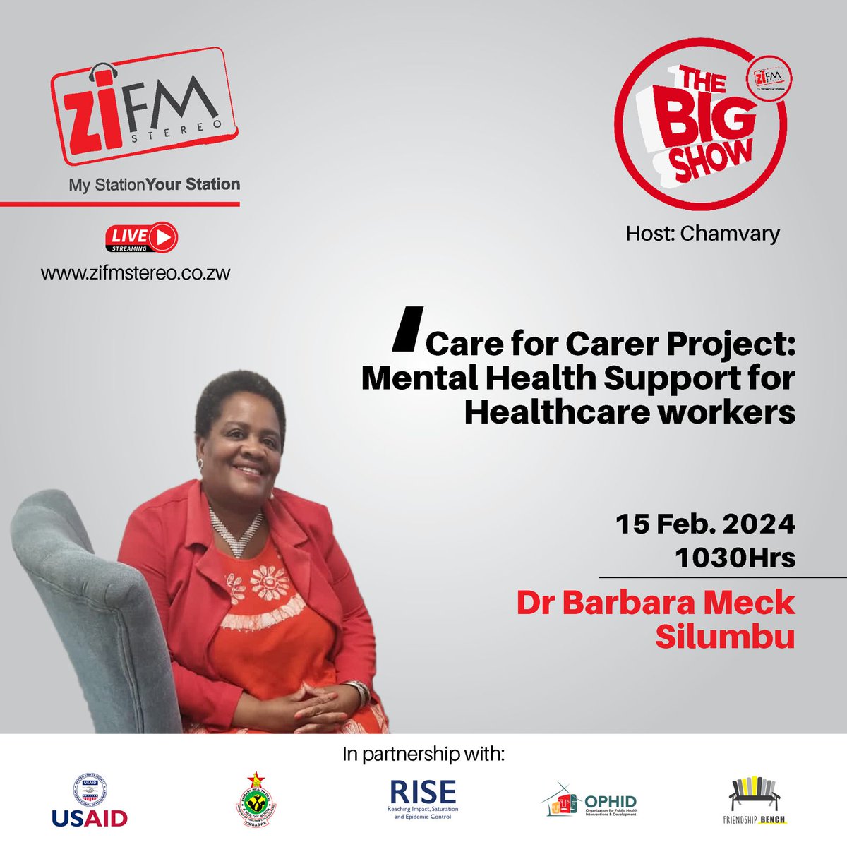 Friendship Bench (@friendshipbench) on Twitter photo 🎙 Tune in!
📆 Thur. 15 Feb
⏰️ 1030hrs
📻 ZiFM Stereo
😃 Barbara Meck Silumbu Hosted by <a href="/Chamvary/">The Award Winning</a>
We're talking #CareForTheCarer Project: Mental Health Support for Healthcare workers. 🎙 Tune in!
📆 Thur. 15 Feb
⏰️ 1030hrs
📻 ZiFM Stereo
😃 Barbara Meck Silumbu Hosted by <a href="/Chamvary/">The Award Winning</a>
We're talking #CareForTheCarer Project: Mental Health Support for Healthcare workers.