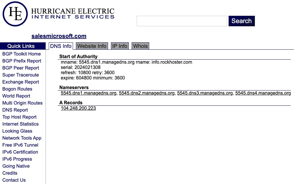 Suspicious domain salesmicrosoft[.]com was registered through RockHoster on 2/13 and resolves to 104.248.200[.]223.