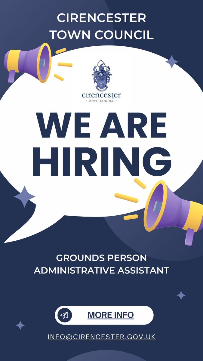 Would you like to work with us? We have vacancies for an Administrative Assistant and Grounds Staff. More information here: lnkd.in/eycur3Ki or email info@cirencester.gov.uk.