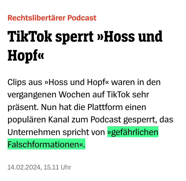 Erst die Hetz-Artikel gegen <a href="/HossundHopfDE/">Hoss&Hopf</a>, jetzt die Sperre vom TikTik-Account mit 166.000 Followern. 

Und das bei dem ganzen Müll an Content, der da noch ist. Wobei TikTok sowieso ohne Ende zensiert. 

Meinungsfreiheit ist so '33 oder wie?