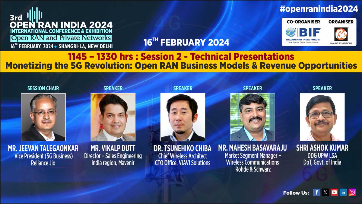be_exhibitions's tweet photo. #TECHNICALSESSION Speakers

CATCH THEM LIVE!!!

3rd edition of #OpenRANIndia2024 International Conference &amp; Exhibition on Feb 16, 2024 at Shangri La, New Delhi.

#openran #wirelessnetworks #oran #ran #5G #radionetworks #virtualizedran #mobilenetworks #5gnetworks https://t.co/7b8KcyLfRK
