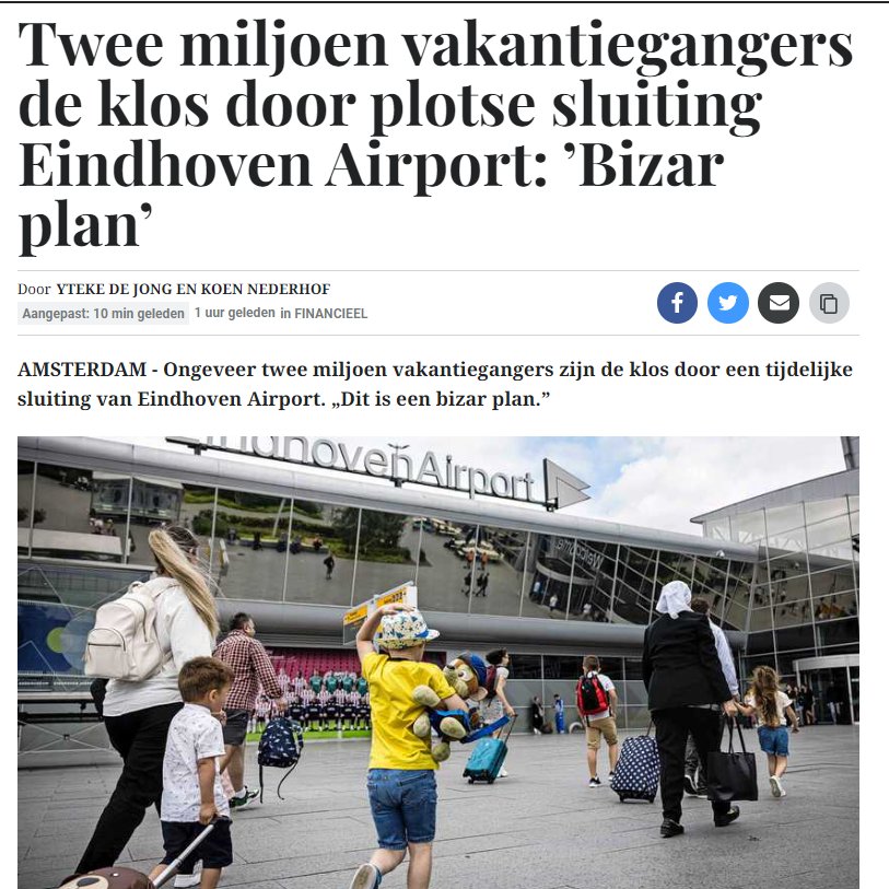 Vijf maanden moet de drukke luchthaven #EindhovenAirport dicht! Vlak voor het vakantieseizoen! Waarom nu?

Komen anders de #klimaatdoelen van NL in gevaar? 🤡Krijgt #Rutte op z'n donder als die afwijkt van #Agenda2030 (vliegen duur en ontoegankelijk maken)? 

Belachelijk dit!