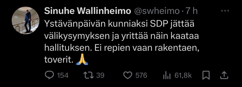 Wallinheimo allekirjoitti nimensä 11 välikysymykseen oppositiokaudellaan yrittääkseen kaataa maan istuvan hallituksen.

Wallinheimo nyt: