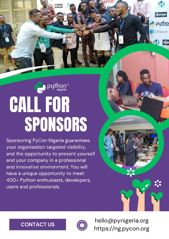 PythonNigeria's tweet photo. We are looking for sponsors for PyConNG 2024 to help make the conference a success.

Customizable sponsor packages are available for exhibition, recruiting, financial aid &amp; more. Details in brochure: https://t.co/JrVkXw5i1I. Email: hello@pynigeria.org

#PyCon #pyconNG #pycon2024 https://t.co/U9yX9OHoIH