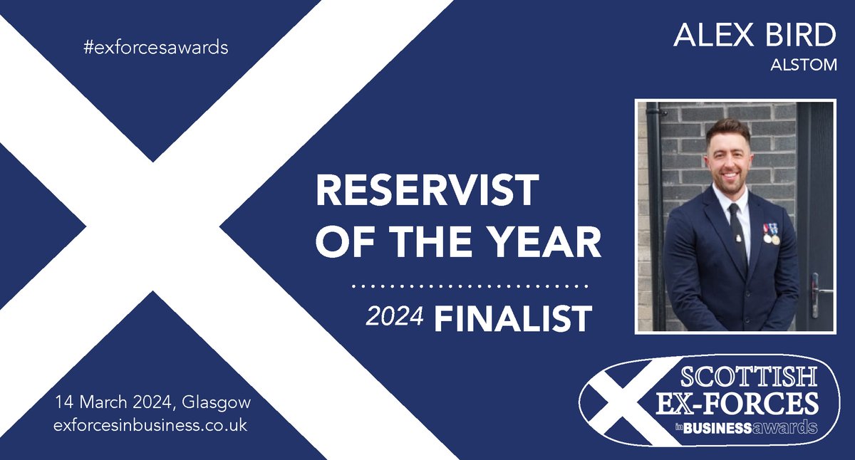 Alstom UK & Ireland (@alstomuk) on Twitter photo Congratulations to our Glasgow-based Project Manager, Alex Bird, who is a finalist for Reservist of the Year in the Scottish <a href="/exforcesawards/">Forces in Business Awards</a>, the world’s largest celebration of veterans in second careers.
We’ll be keeping our fingers crossed for him at the ceremony next month!🤞 Congratulations to our Glasgow-based Project Manager, Alex Bird, who is a finalist for Reservist of the Year in the Scottish <a href="/exforcesawards/">Forces in Business Awards</a>, the world’s largest celebration of veterans in second careers.
We’ll be keeping our fingers crossed for him at the ceremony next month!🤞
