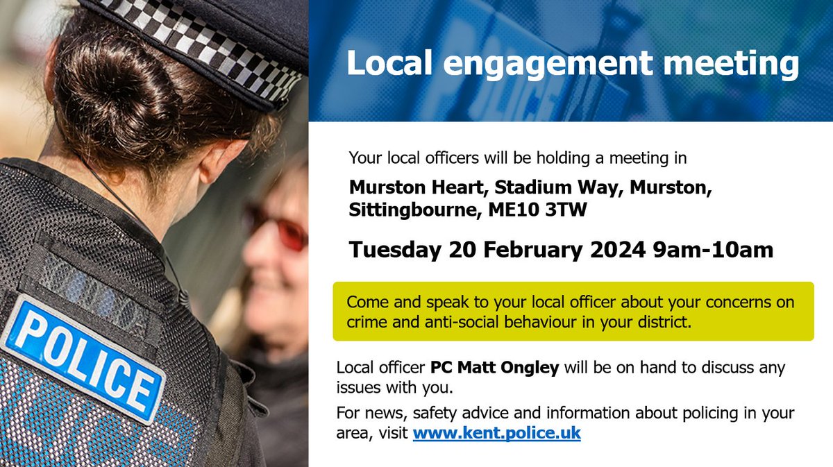 KentPoliceSwale's tweet photo. Residents of #Murston, Sittingbourne are invited to come along to have a 'cuppa with a copper' โ๏ธ๐ฎโโ๏ธ Let's talk about what's going on in your area! #ASB #CommunitySafety #MurstonHeart
See details below โฌ๏ธ M.O https://t.co/S3YR7ayXv0