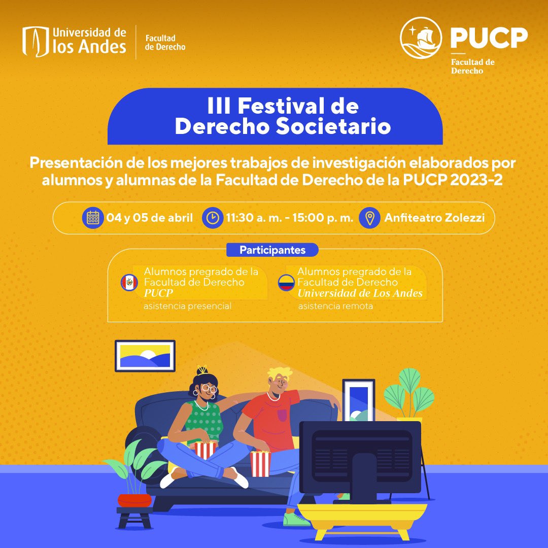 DerechoPUCP's tweet photo. Te invitamos a ser parte de III Festival de Derecho Societario, en donde se presentarán los mejores trabajos de investigación elaborados por estudiantes de nuestra Facultad de Derecho #PUCP 2023-2.
💻 Virtual (Zoom): https://t.co/fjCZh8YZR0 https://t.co/pBGNiPtoTS
