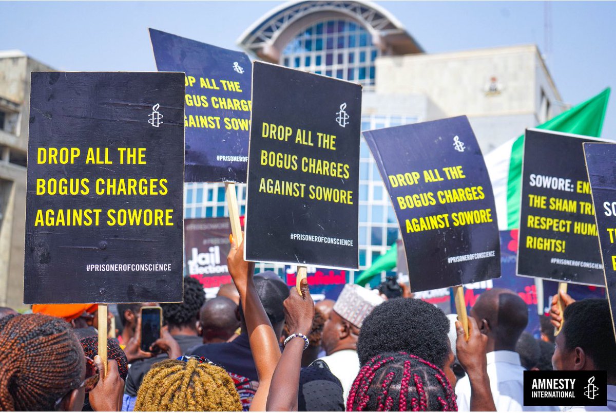 Today Amnesty International Nigeria was at the Federal High Court Abuja in solidarity with human rights activist Omeyele Sowore @YeleSowore — who is also a Prisoner of Conscience; facing flawed charges and a sham trial for solely exercising his right to freedom of expression: