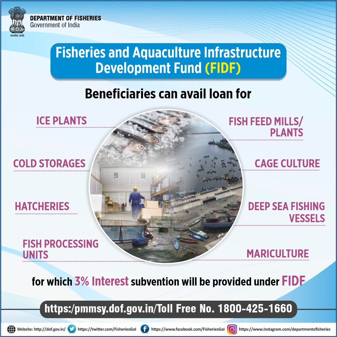 FisheriesGoI's tweet photo. Under #FIDF, beneficiaries can avail loan for Ice Plants, Cold Storages, Hatcheries, Fish Processing Units, Fish Feed Mills/Plants, Cage Culture, Deep Sea Fishing Vessels, Mariculture, etc. for which 3% interest subvention will be provided.
#FIDF_Extension https://t.co/D21YPi7LTJ
