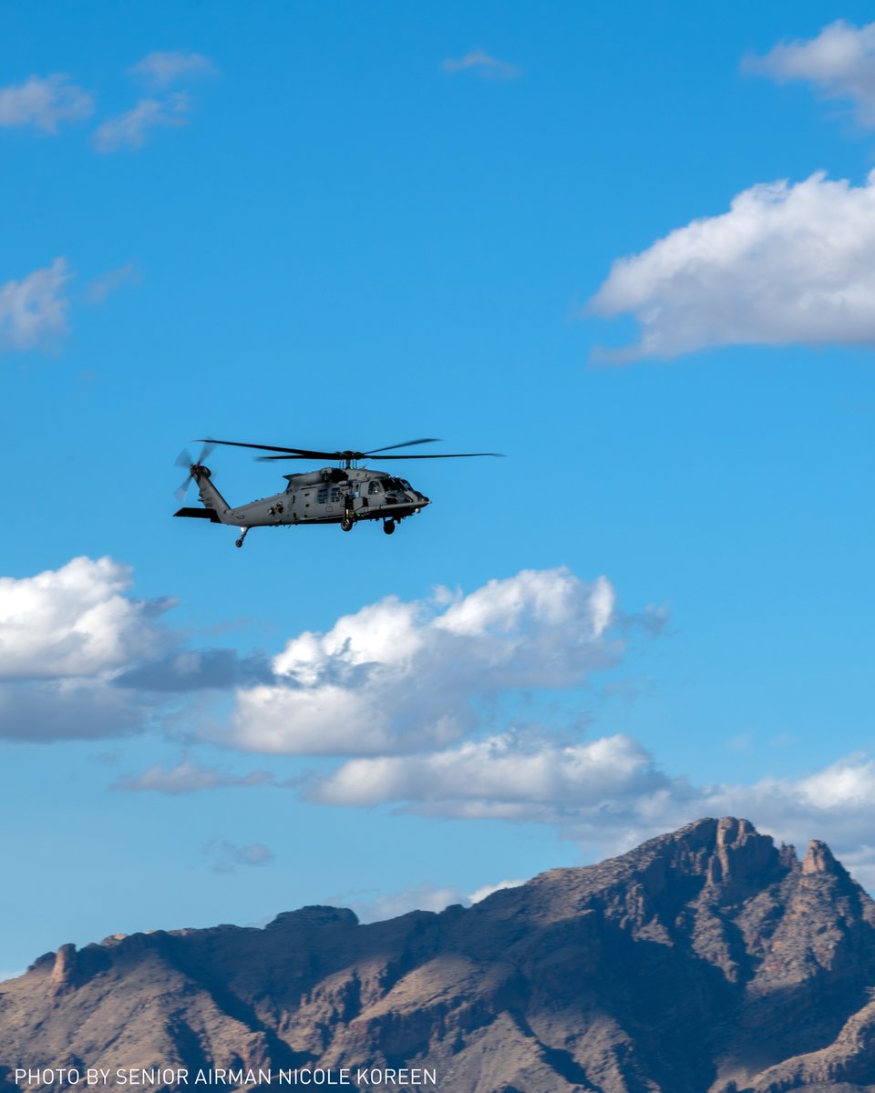 A brand new HH-60W Jolly Green II helicopter assigned to the 943d Rescue Group, 920th Rescue Wing, flies over the mountains near Davis-Monthan Air Force Base, Arizona, Feb. 1, 2024. 📸 @USairforce Senior Airman Nicole Koreen #AFAColorado #DAFGPC