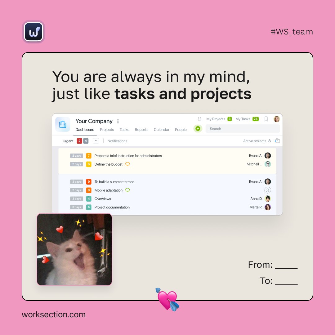 worksection's tweet image. 💖 Congratulations to all the lovers on Valentine's Day!

And for those who are still single, we wish you to find your other half.

We've prepared some valentines for you with love.

#worksection #erpsoftware #erpsystem #agile #business #digital #marketing #product #project #task