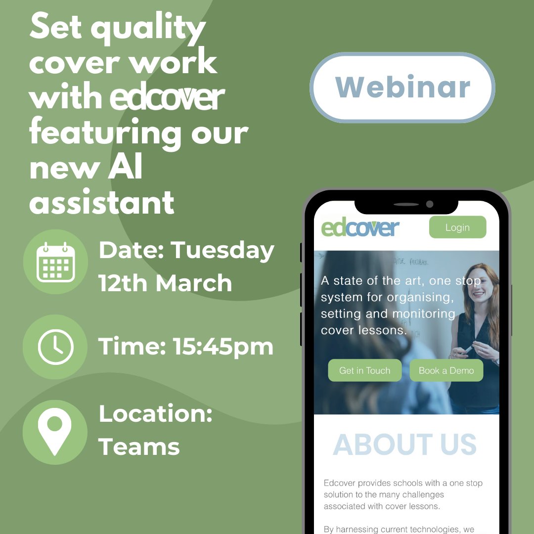 *** Join us next month! ***

🤖 Set quality cover work with Edcover, featuring our new AI assistant 🤖

Join us next month for a free webinar to explore the Edcover platform further.

Head to ⤵
eventbrite.com/e/set-quality-…

#edcover #supplyteacher #feedback #edtech