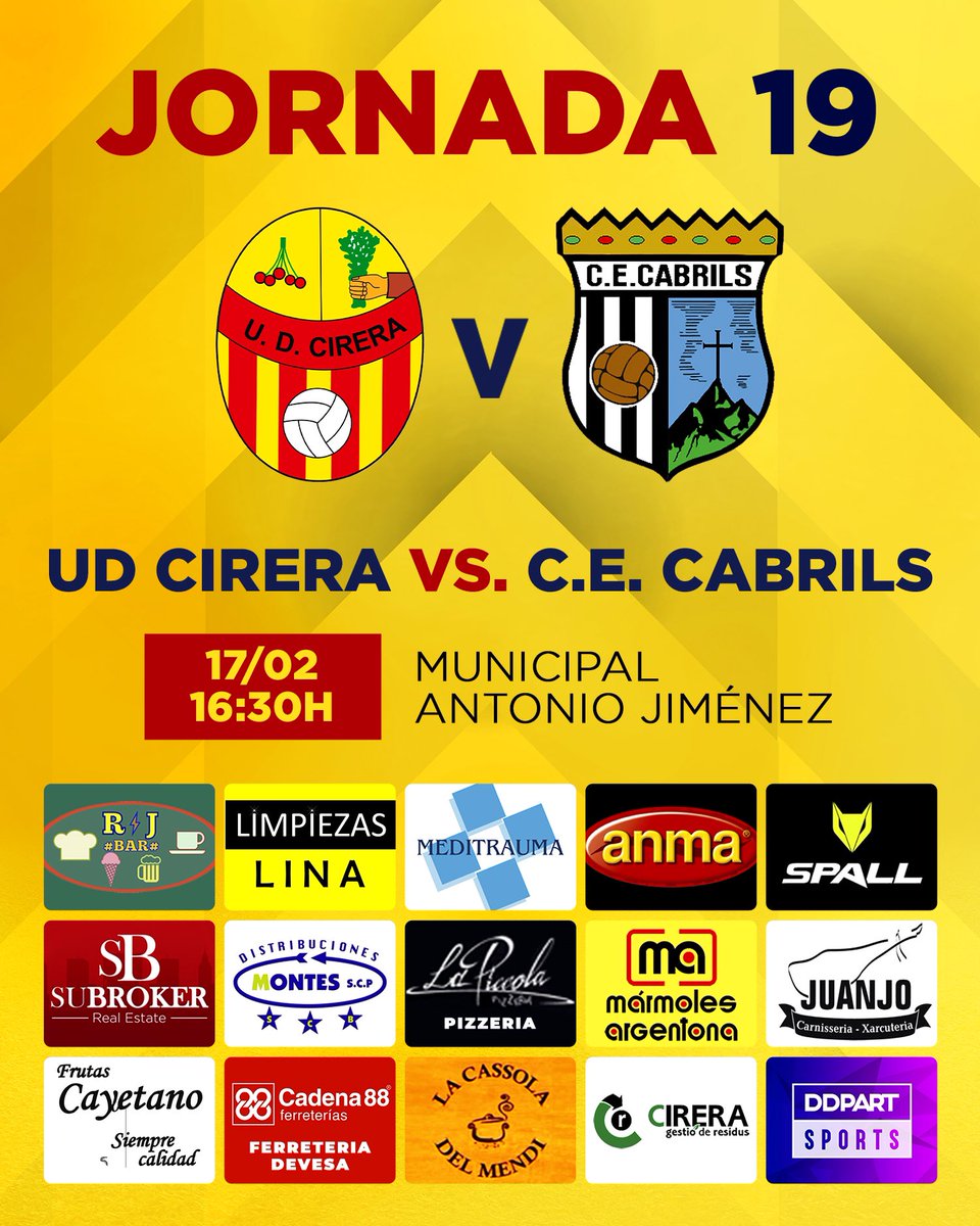¡Hagamos del Municipal Antonio Jiménez un fortín! 💪

🆚 <a href="/CECabrils/">CECabrils</a> 
📆 17/02
⌚️ 16:30h.

#UDCirera