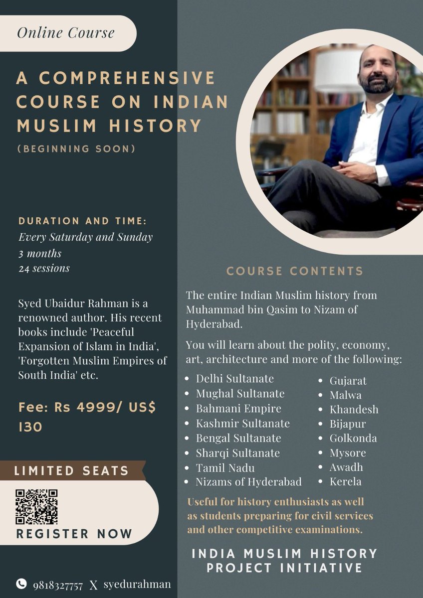 A detailed and comprehensive course on History of Muslims in India The course will cover the entire #history of the Muslims in the Indian Subcontinent, from the 7th century to the year 1947. 3 month, 12 weeks comprehensive course, 24 classes. Online classes to commence…