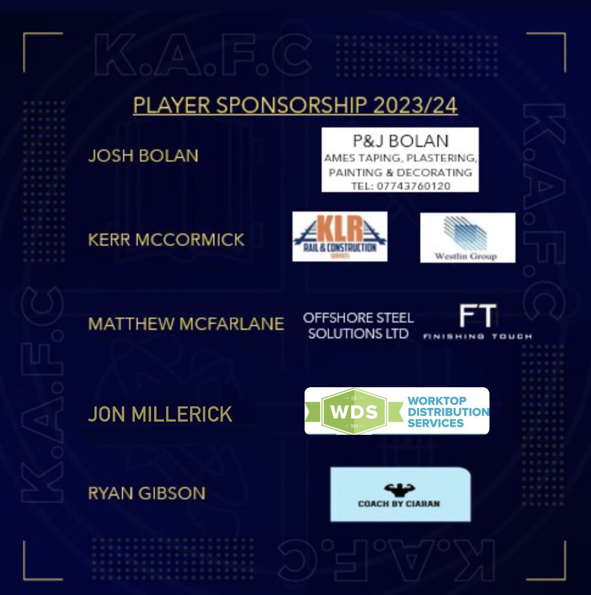 🚨Sponsor Shoutout!🚨

We would like to say a massive thank you to all of our Player sponsors for their continued support in the 2023/24 season. 

Without sponsorship we wouldn’t be able to function as a football club and we are forever grateful for everyone’s support! 

⚽️🟢🔵