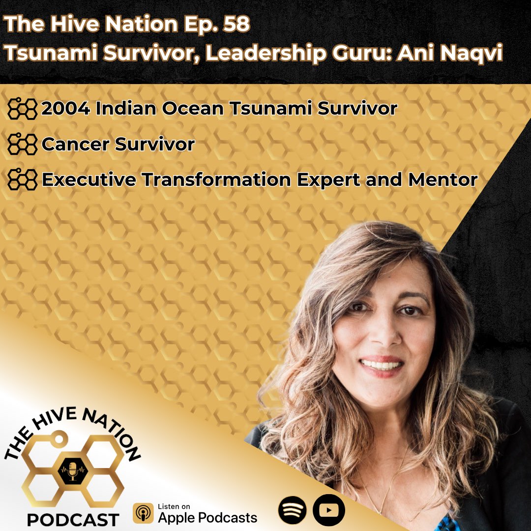 TheHiveNet01's tweet image. The Hive Nation Ep. 58 
Tsunami Survivor, Leadership Guru: Ani Naqvi

Ani is a global leader who appeared on the Oprah Winfrey Show to tell her story on survival and the will to live. 

youtu.be/vE4gwjGp56c 
thehivenationpodcast.captivate.fm/listen