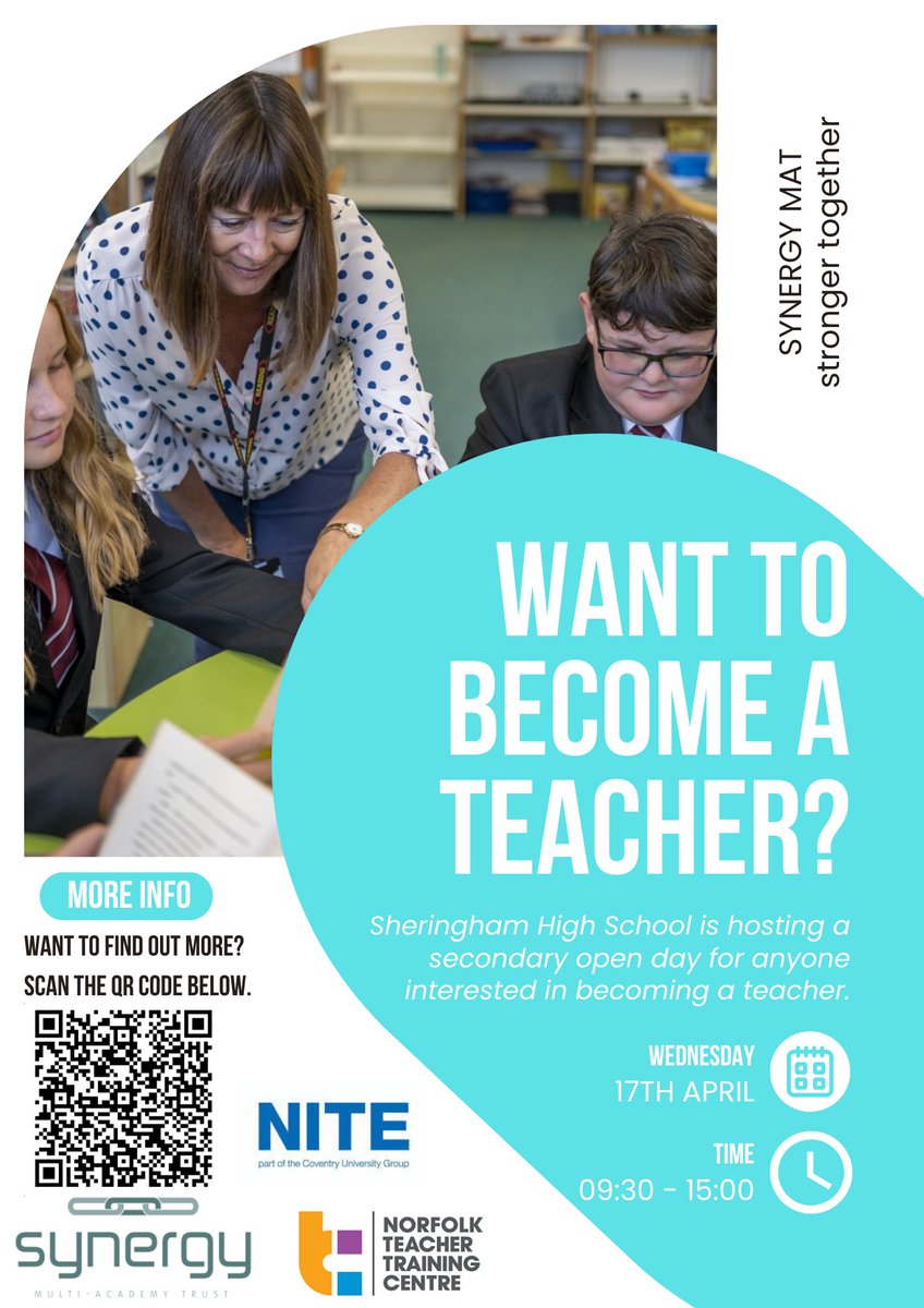 Synergy_MAT's tweet photo. Are you interested in a career in teaching? Check out our open day, organised in conjunction with NITE and NTTC.
#strongertogether https://t.co/1ZOnQPfWvw