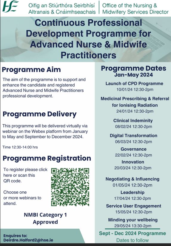 Save the Date for the next ANP AMP webinar on Wednesday 22nd February which focuses on Governance @CuhANP @NursingSIVUH @BGHsswhg @mercy_nursing @uhknursing @CorkKerryCH @RANP_AcuteMed @KerryIcpop @IrelandSouthWID @NurMidONMSD @GSGerShaw @sheila_cahalane Use QR Code 👇to Register