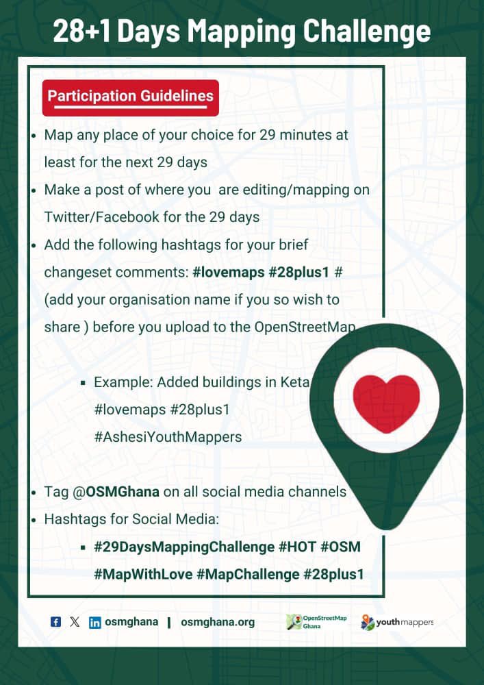 OSMGhana's tweet photo. As today marks Day 14 of our Mappy-Tine challenge, from our maps to your hearts, we wish you a Mappy Valentine's Day ❤️

Share your mapping contributions with us so far ☺️
See the guidelines below.

#MapwithLove #28plus1 #OSM #29Days https://t.co/8KudnwqD5L