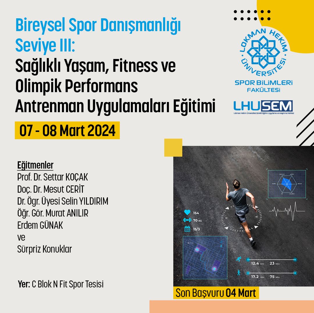 Bireysel Spor Danışmanlığı Seviye III: Sağlıklı Yaşam, Fitness ve Olimpik Performans Antrenman Uygulamaları Eğitimi 7-8 Mart 2024 tarihlerinde NFit Spor Tesisinde yüz yüze gerçekleştirilecektir.
Detaylı bilgi için web sitemizi ziyaret edebilirsiniz.

.

.

#spor #fitness
