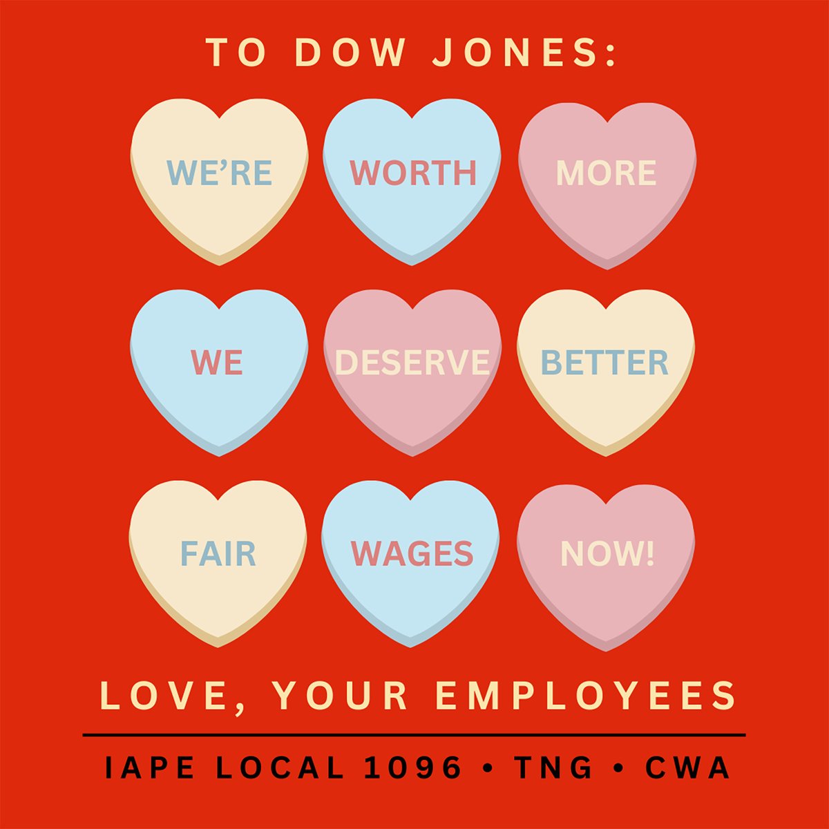 It’s Valentine’s Day and we’d LOVE nothing more than for <a href="/DowJones/">Dow Jones</a> management to agree that we deserve a fair contract, with inflation-adjusted cost-of-living wages &amp; workplace benefits worthy of our hard work and contributions to their bottom line!