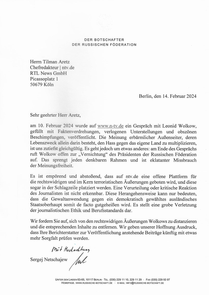 ⚡️Offener Brief des Botschafters der Russischen Föderation, Herrn Sergej Netschajew, an den Chefredakteur des Nachrichtenportals n-tv.de, Herrn Tilman Aretz

Herrn Tilman Aretz
Chefredakteur | ntv.de
RTL News GmbH
Picassoplatz 1
50679 Köln
Berlin,