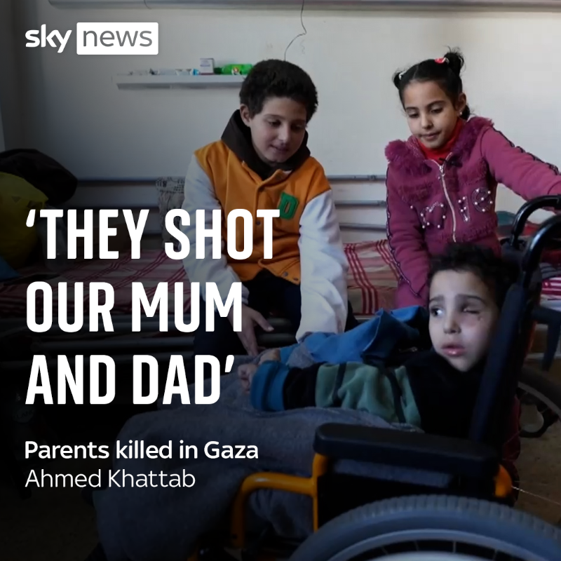 SkyNews's tweet photo. On 15 December 2023 Israeli Defence Forces stormed the home of Ahmad, Buthaina and Mu’min in a suburb of Khan Younis, in Gaza.

The children tell Sky News they witnessed their parents being killed. @sparkomat reports