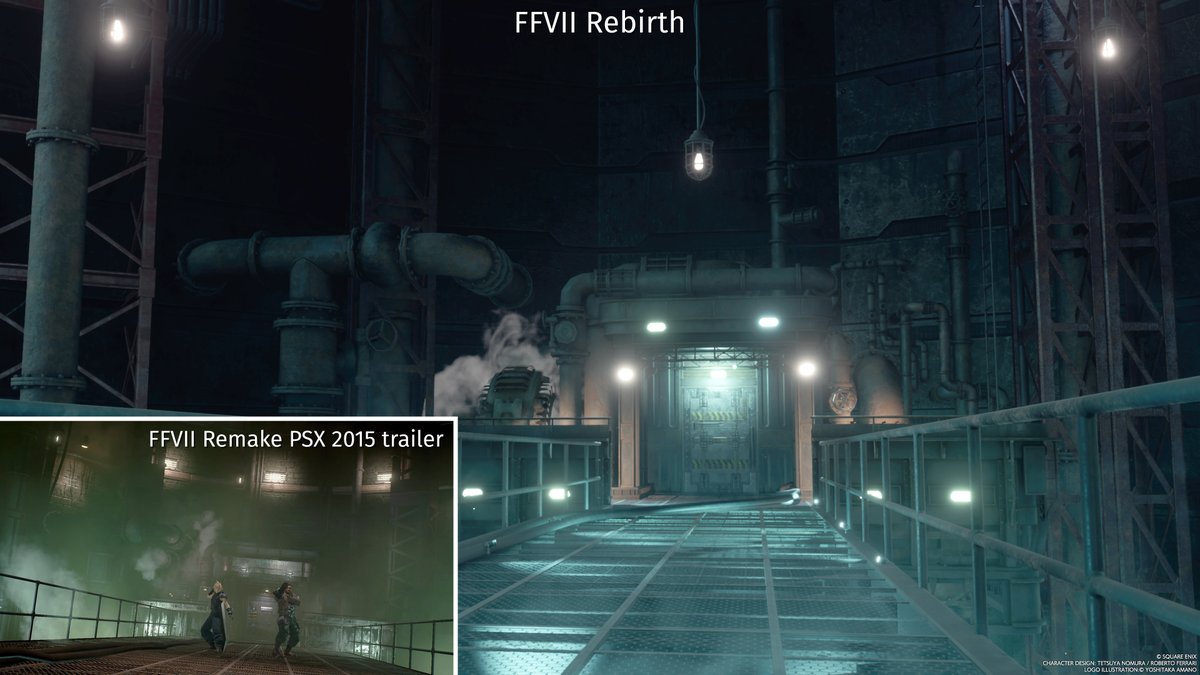Having a closer look at the Nibelheim Mako reactor in #FFVIIRebirth, it's clear that SE repurposed the Scorpion Sentinel battleground from Remake's PSX 2015 trailer for it, as most details are nigh identical, like the pipes, door frame structures, and the lights.
#CCOGems