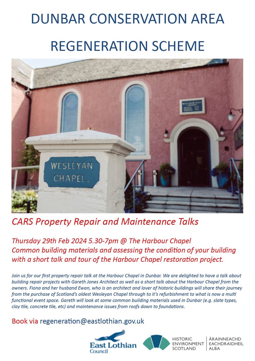 Join us for our first property repair talk Thursday 29th Feb 2024 5.30-7pm @ The Harbour Chapel
Common building materials and assessing the condition of your building with a short talk and tour of the Harbour Chapel restoration project. Book via regeneration@eastlothian.gov.uk