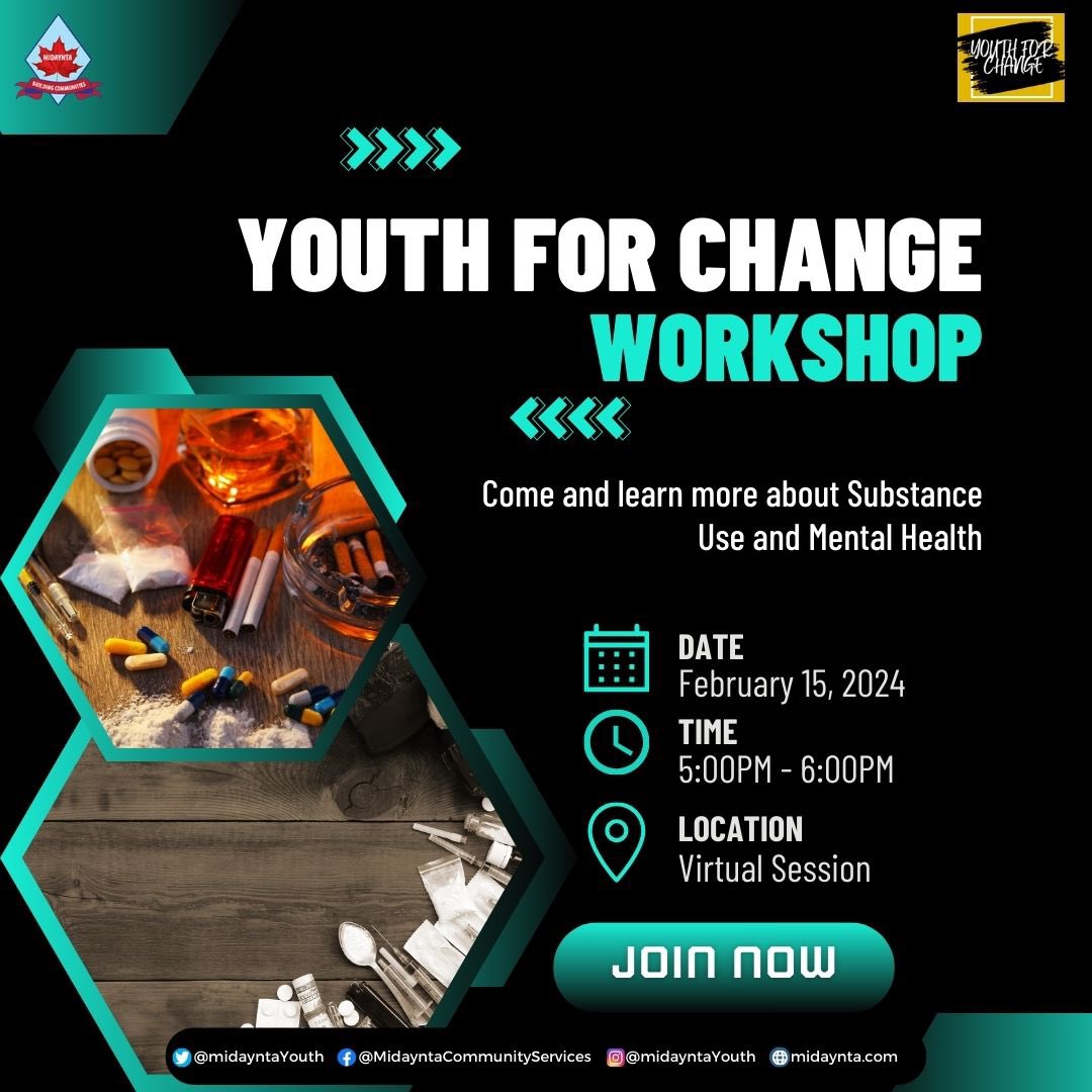 Happening Tomorrow! Please join us on Thursday February 15th from 5:00PM-6:00PM for the Youth for Change Workshop focusing on substance use and mental health!
Location: Virtual Session

Connect with the Youth for Change Program to learn more!

#midayntayouth #youthforchange #YFC