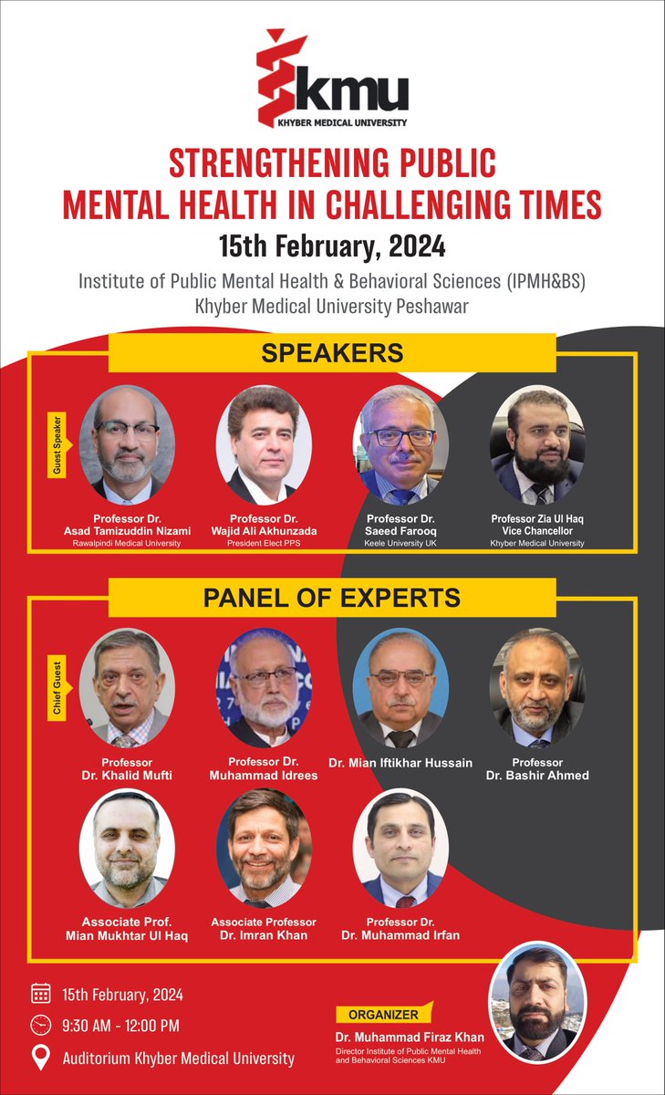 All students of @kmuofficial_ are invited to attend the 'Strengthening #PublicMentalHealth in Challenging Time' event on February 15th at auditorium @kmuofficial_, Peshawar, hosted by the IPMH&BS. A panel of experts will discuss public mental health challenges and solutions.