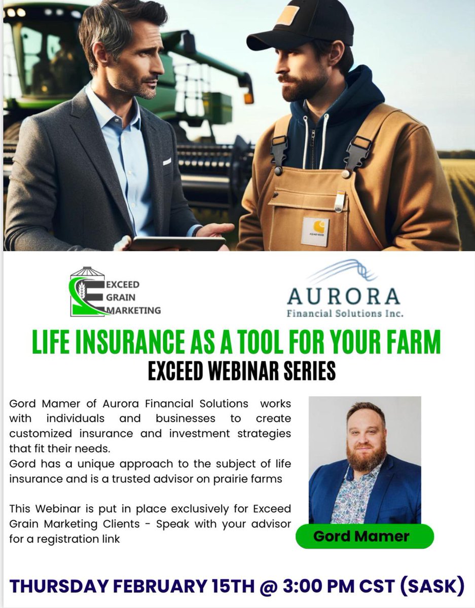 ExceedGrain's tweet photo. Calling all Exceed Clients 📢

Join us for the Exceed Webinar Series on Thursday Feb 15th at 3pm

Life Insurance As A Tool For Your Farm with Gord Mamer

Speak with your advisor to for the registration link!

#ExceedingExpectations #exceedadvisors #exceedgrainmarketing https://t.co/UeSMIoiJf0