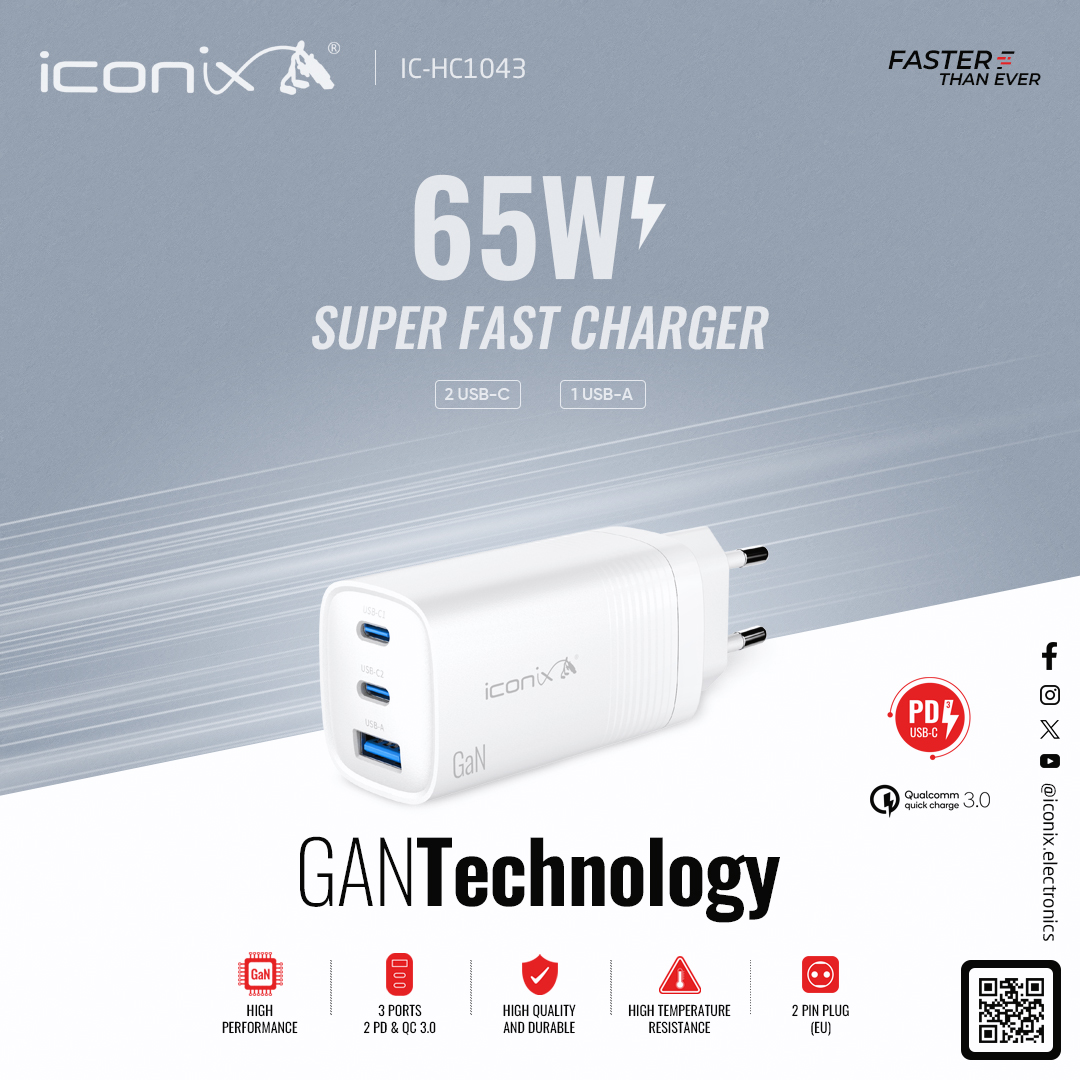 iconix_electron's tweet photo. #ICONIX #Super_Fast_Charger Power 65W With #GaN Technology, With Two #PD Type-C And QC USB-A Ports, Model IC-HC1043 https://t.co/ZTdmUwxpkV