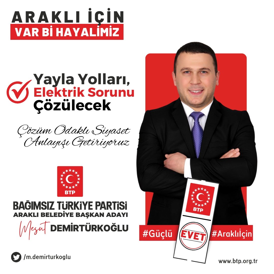 Yayla yolları ve Elektrik sorunlarını çözeceğiz. 

#Araklı için #varbirhayalimiz