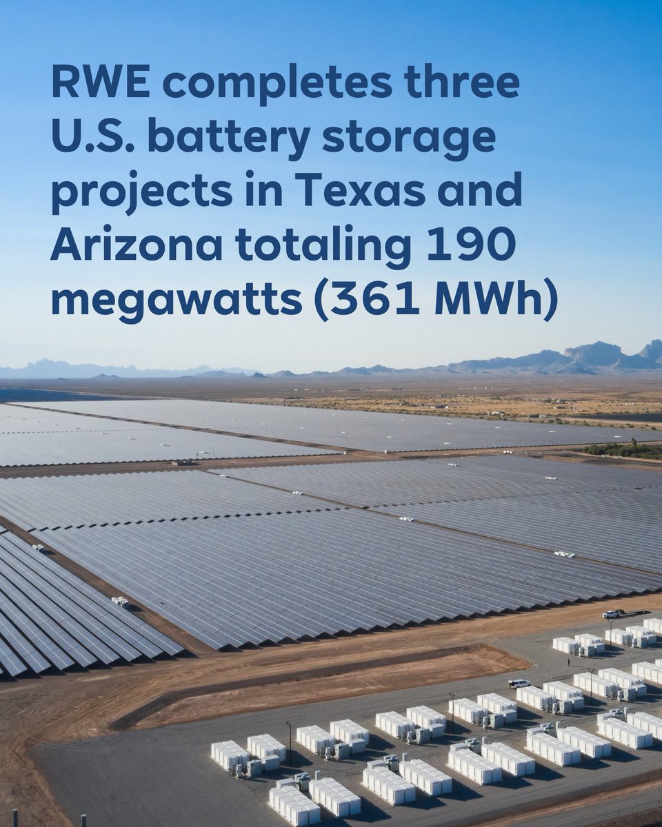 RWE completed three new U.S. battery energy storage systems, totaling 190 MW (361 MWh), with 770 MW (2280 MWh) BESS under construction. Globally, RWE has more than 1 GW of battery storage projects under construction. Read more 👉 americas.rwe.com/press/2024-02-…