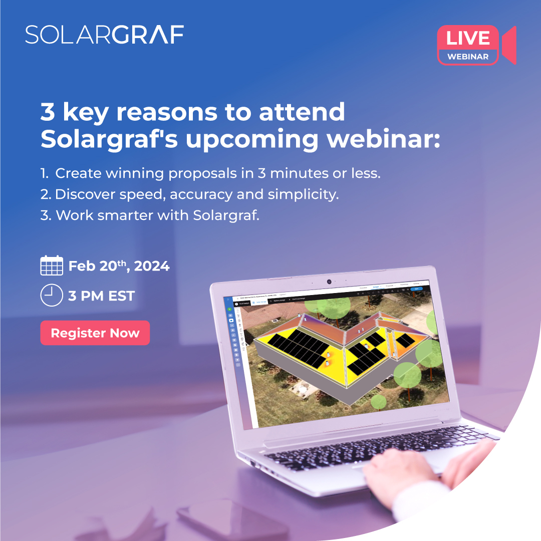 Solargraf_App's tweet image. Level up your solar sales in 2024 and join our Live #Webinar! ​
​
Learn how to create winning solar proposals in less than 3 minutes and sell solar with confidence.​
 ​
February 20th, 2024 | 3 PM EST​

Register now: bit.ly/49g2DVJ

#SolarProposals #PowerUpWithSolargraf