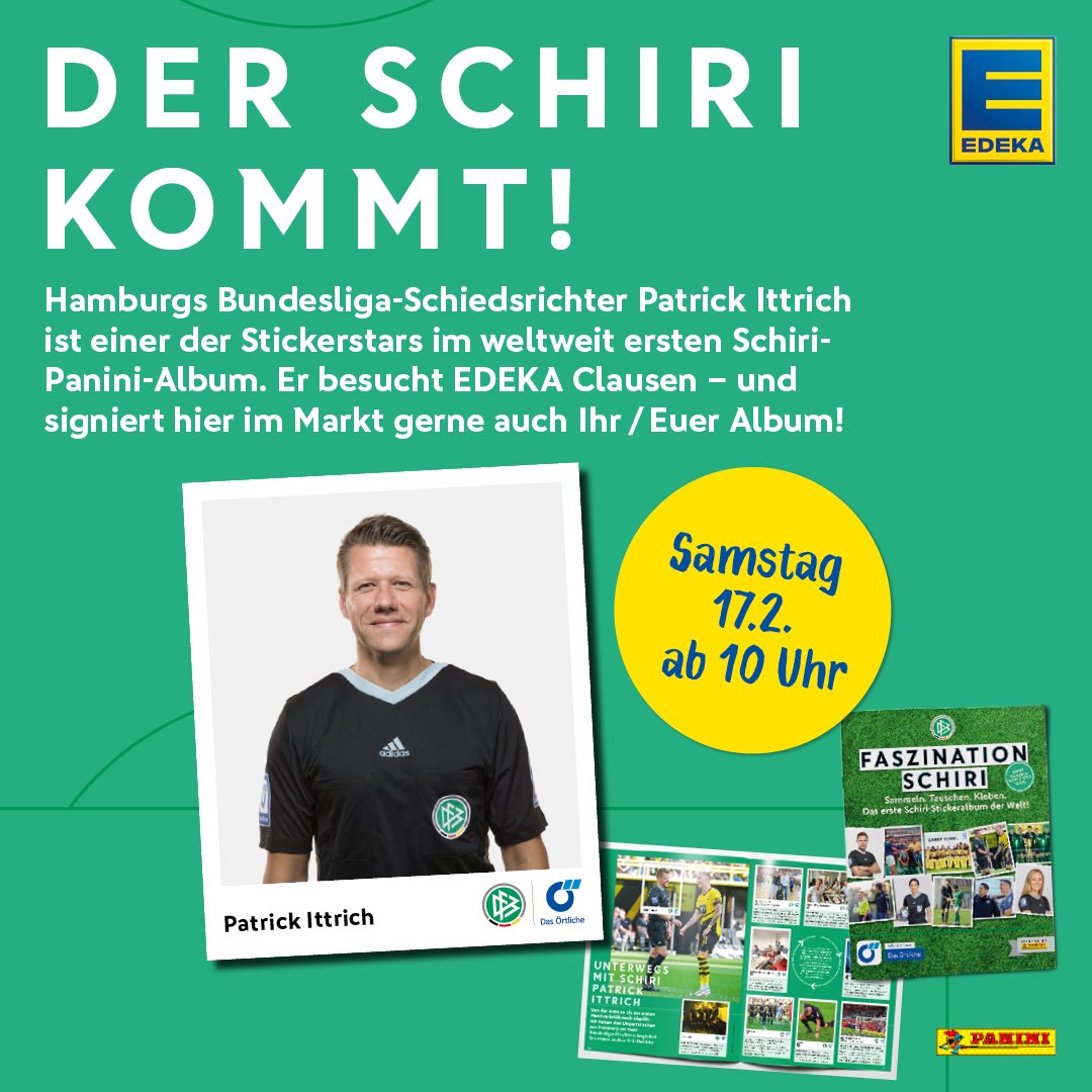 Hamburg, aufgepasst! Samstag bei #Edeka #Clausen (Am Wiesendamm 32), ab #10Uhr keine Tacklings an den Kassen, kein Gemecker an der Käsetheke – denn @patrick_ittrich sieht alles! Und unterschreibt auch eure Sammelalben. Spontan angefragt, spontan zugesagt - top! @dfbschiris