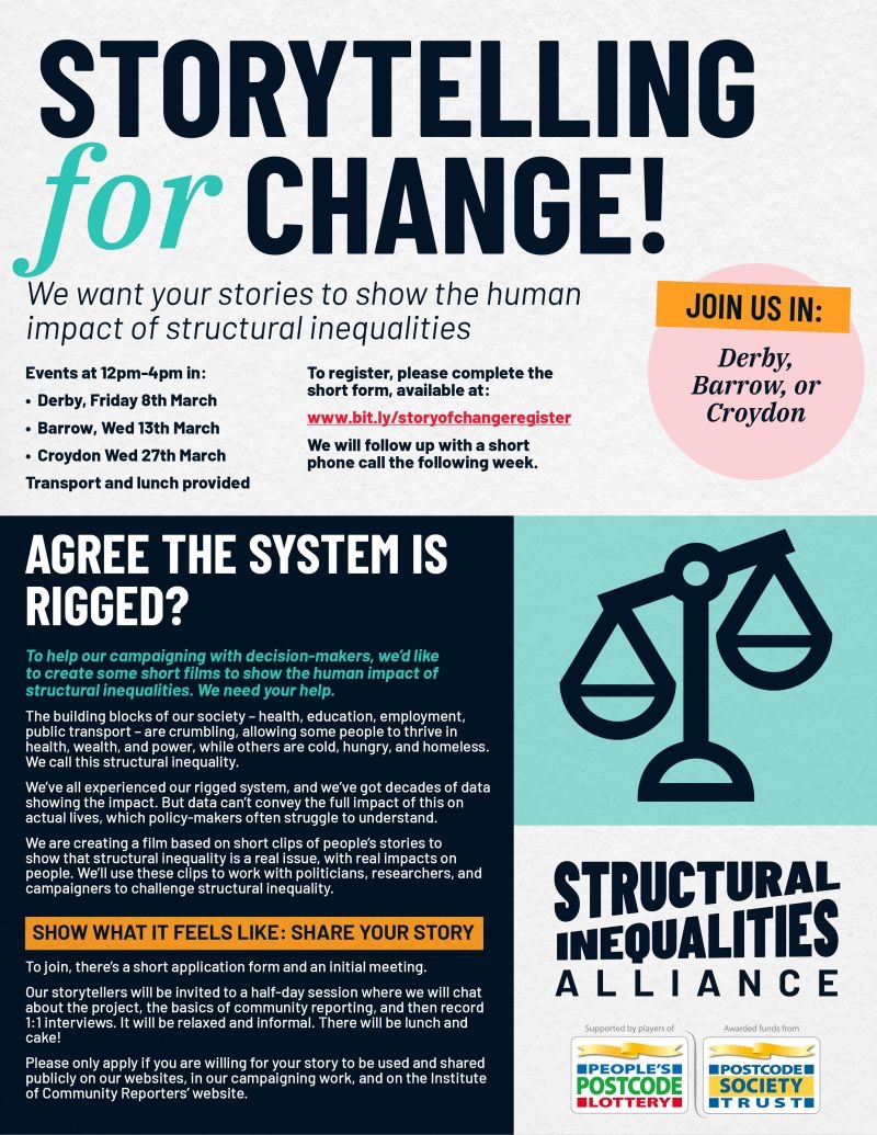 Stories for Change! Can you or do you know someone who would like to be in a short film! We want to show the real impact of the systems which help some people thrive whilst others are left behind. bit.ly/storyofchanger…